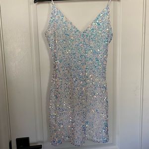 White sequin purple pink iridescent mini dress